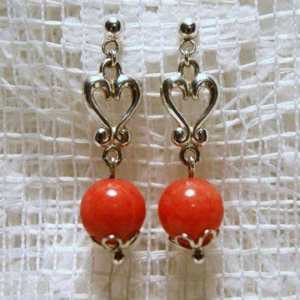 Handmade Salmon Orange Kunzite & Sterling Silver Heart  Earrings